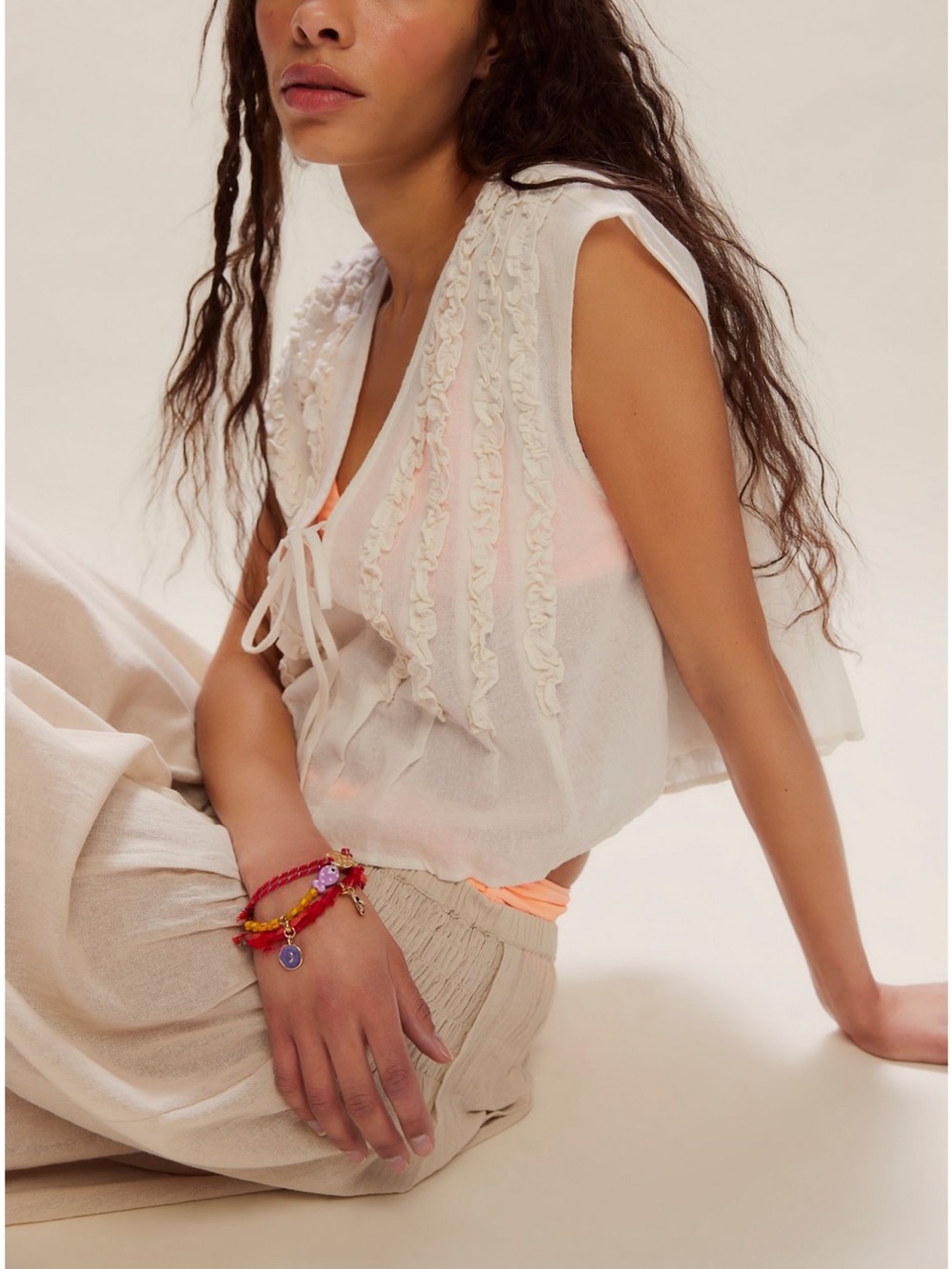 Free People Ivory Ruffle Tie-Front Camisole